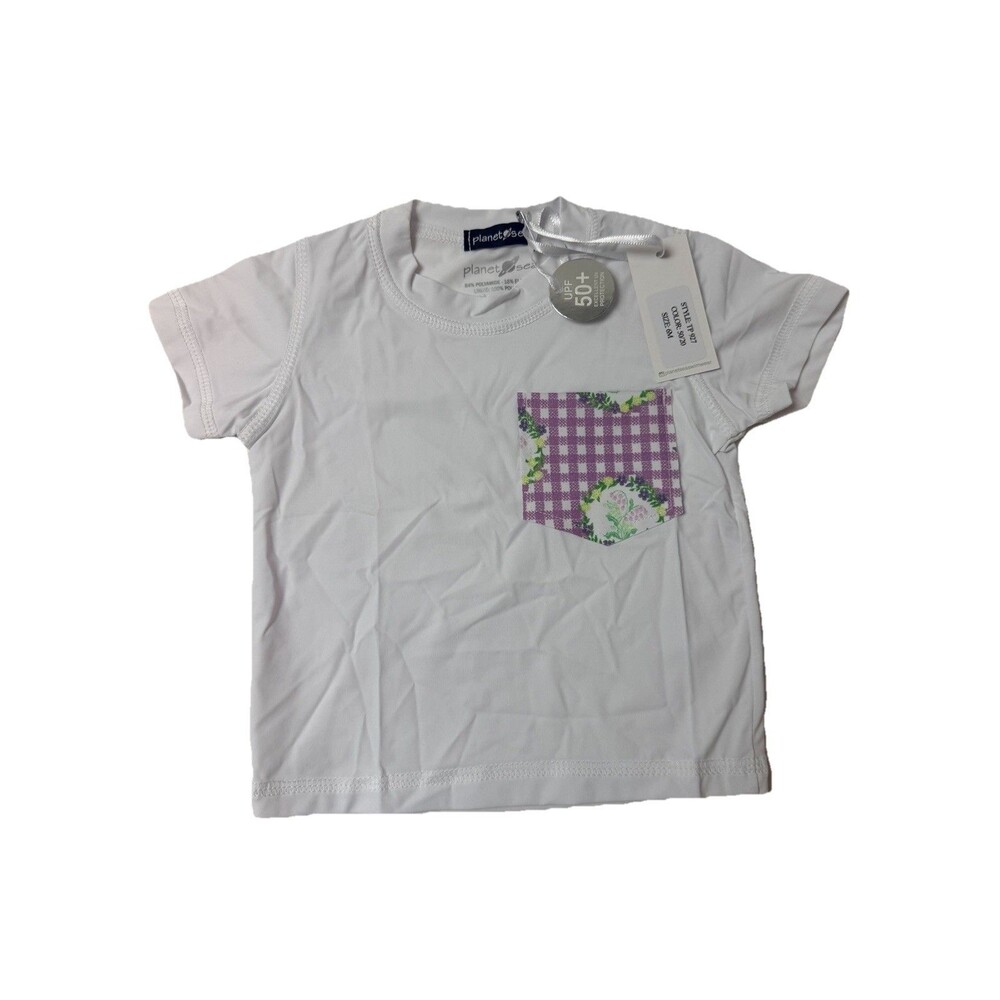 Planet Sea Baby Girls Short Rash Guard Tee 6M White Gingham Pocket NWT UPF50+